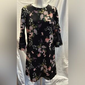 NY&C Black floral dress with flared lacy sleeves. Size small (medium)